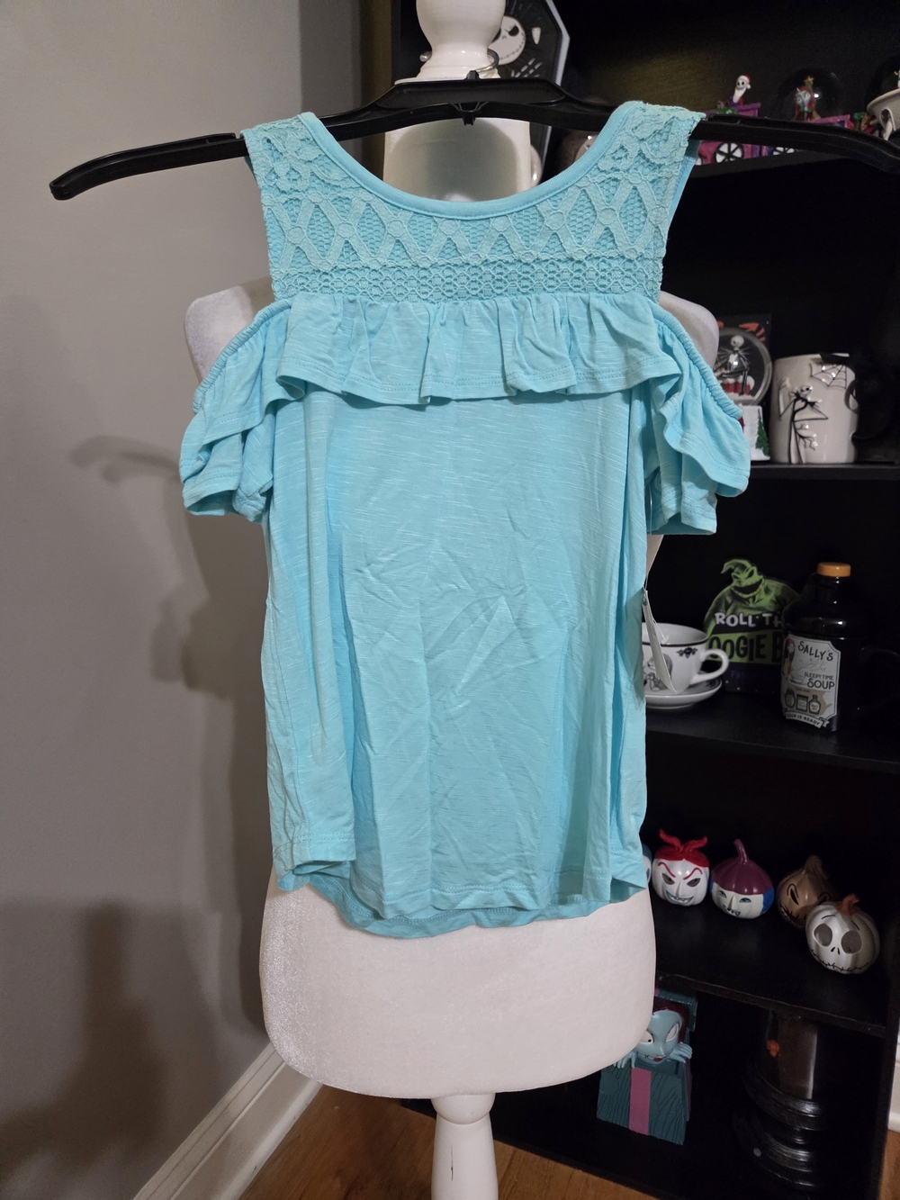 Arizona Jean Company Girls' Cold-Shoulder Crochet Yoke Top - Aqua